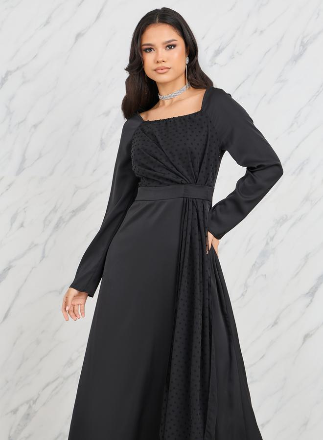 Styli Dobby Detail Square Neck A-Line Midi Dress  - Image 2