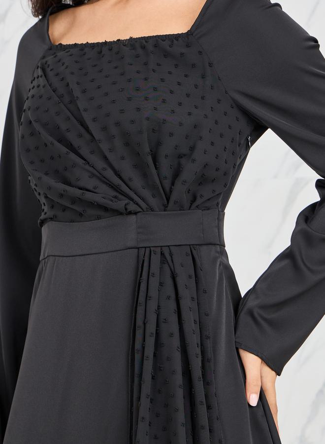 Styli Dobby Detail Square Neck A-Line Midi Dress  - Image 3