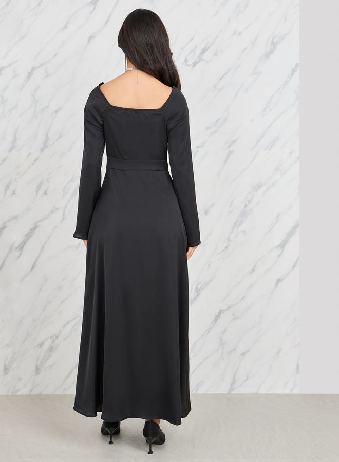 Styli Dobby Detail Square Neck A-Line Midi Dress  - Image 4