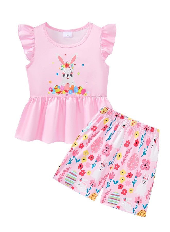 NUBEEHOHO Girls Easter Bunny Outfits Egg Print Ruffle Sleeve Shirt Pink Short Holiday Clothing Sets 2T - Image 1