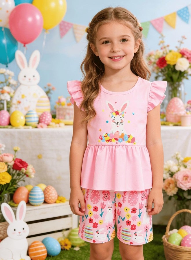 NUBEEHOHO Girls Easter Bunny Outfits Egg Print Ruffle Sleeve Shirt Pink Short Holiday Clothing Sets 2T - Image 2