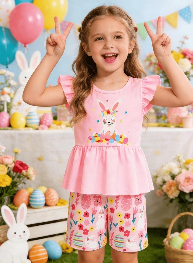 NUBEEHOHO Girls Easter Bunny Outfits Egg Print Ruffle Sleeve Shirt Pink Short Holiday Clothing Sets 2T - Image 3