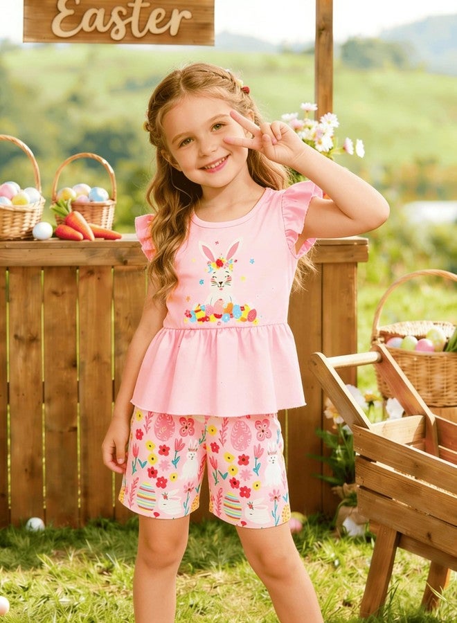 NUBEEHOHO Girls Easter Bunny Outfits Egg Print Ruffle Sleeve Shirt Pink Short Holiday Clothing Sets 2T - Image 5
