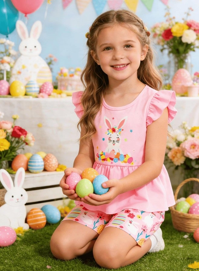 NUBEEHOHO Girls Easter Bunny Outfits Egg Print Ruffle Sleeve Shirt Pink Short Holiday Clothing Sets 2T - Image 4