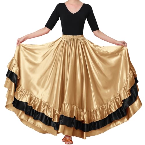 Backgarden Women Black Red Layers Satin Long Skirt for Spanish Flamenco Belly Dance Gypsy Mexico Ballet Folklorico Performance Costume (Dark Gold Theme) - Image 1