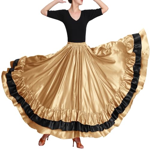 Backgarden Women Black Red Layers Satin Long Skirt for Spanish Flamenco Belly Dance Gypsy Mexico Ballet Folklorico Performance Costume (Dark Gold Theme) - Image 2