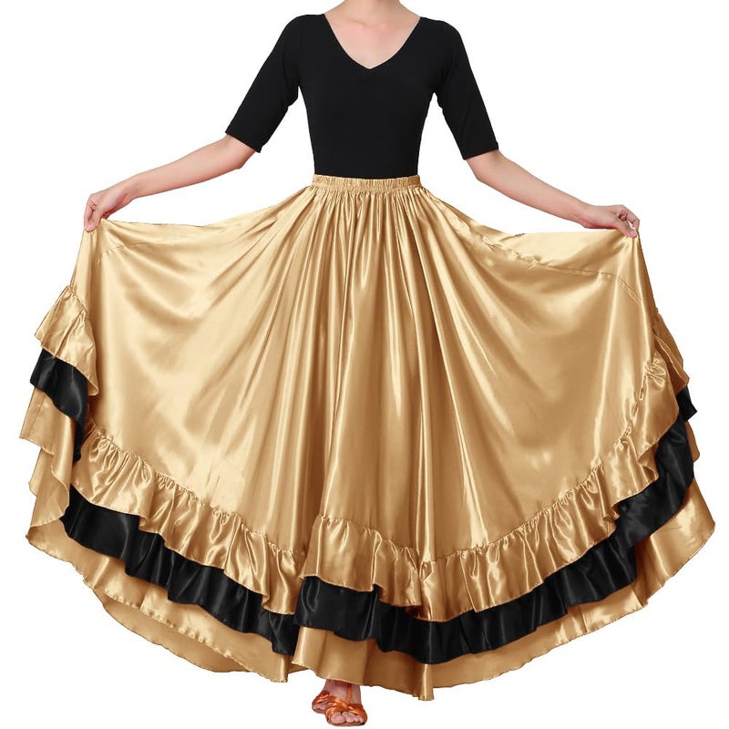 Backgarden Women Black Red Layers Satin Long Skirt for Spanish Flamenco Belly Dance Gypsy Mexico Ballet Folklorico Performance Costume (Dark Gold Theme) - Image 5