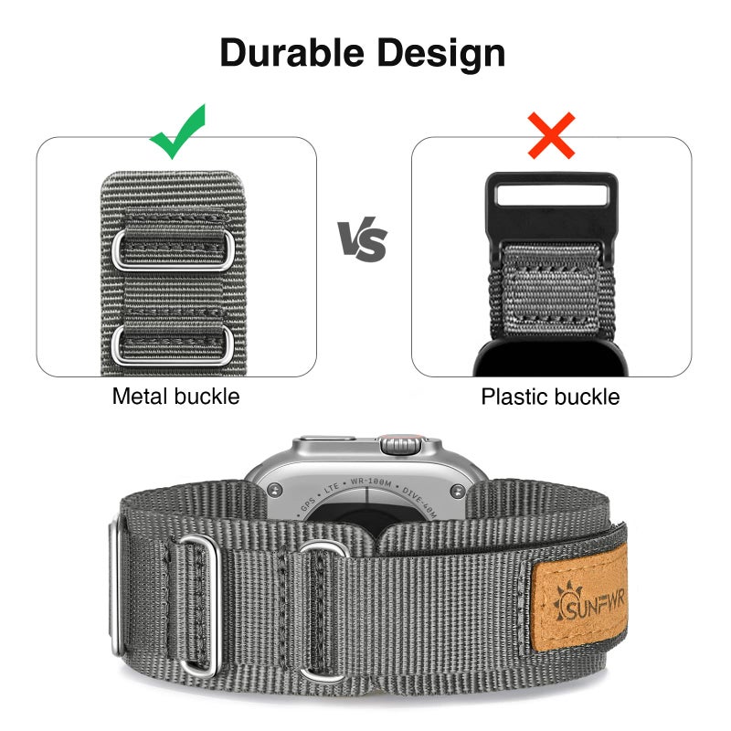 SUNFWR Compatible with Apple Watch Band 42mm 44mm 45mm 49mm 38mm 40mm 41mm, Rugged Replacement Velcro Strap With Three Buckle Loop Design Tough Nylon Band For iWatch Ultra Series 9/8/7/6/5/4/3/2/1/SE - Image 2