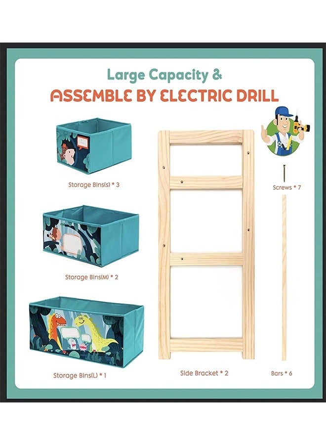Beauenty Kids Toy Organizer for Boys Girls 6 Storage Bins Large Storage Capacity Best Toy Storage Solution For Playroom Nursery (Green-Little Dinosaur) - Image 2