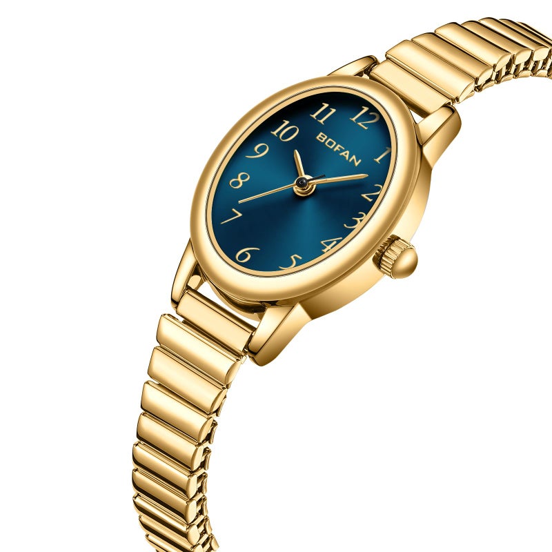BOFAN Small Gold Watches for Women Easy Read Ladies Quartz Wrist Watch with Stainless Steel Expansion Band,Blue Dial,Waterproof.ï¼ˆ6.10in-6.89inï¼‰ - Image 2