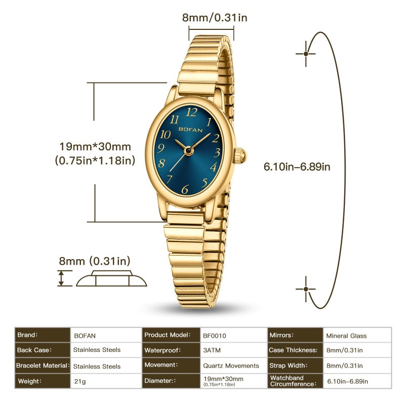 BOFAN Small Gold Watches for Women Easy Read Ladies Quartz Wrist Watch with Stainless Steel Expansion Band,Blue Dial,Waterproof.ï¼ˆ6.10in-6.89inï¼‰ - Image 4
