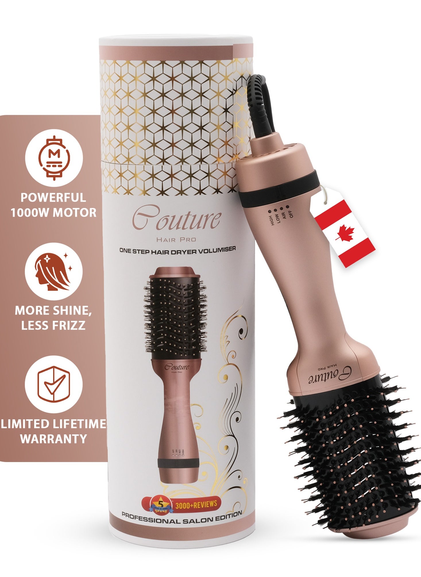 Couture Hair Pro Hot Air Brush -3 In 1 Straightening Brush, Volumizer And Hair Dryer-Premium Salon Quality Rosegold 