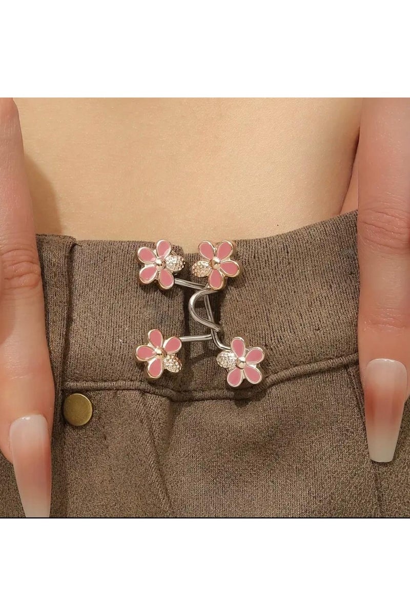 A Pair of Women'S White Floral Metal Fashion Decorative Waist Buttons, Adjustable And Removable, Perfect for Summer to Prevent Wardrobe Malfunctions, Suitable for Casual Wear And Gift Giving. - Image 1