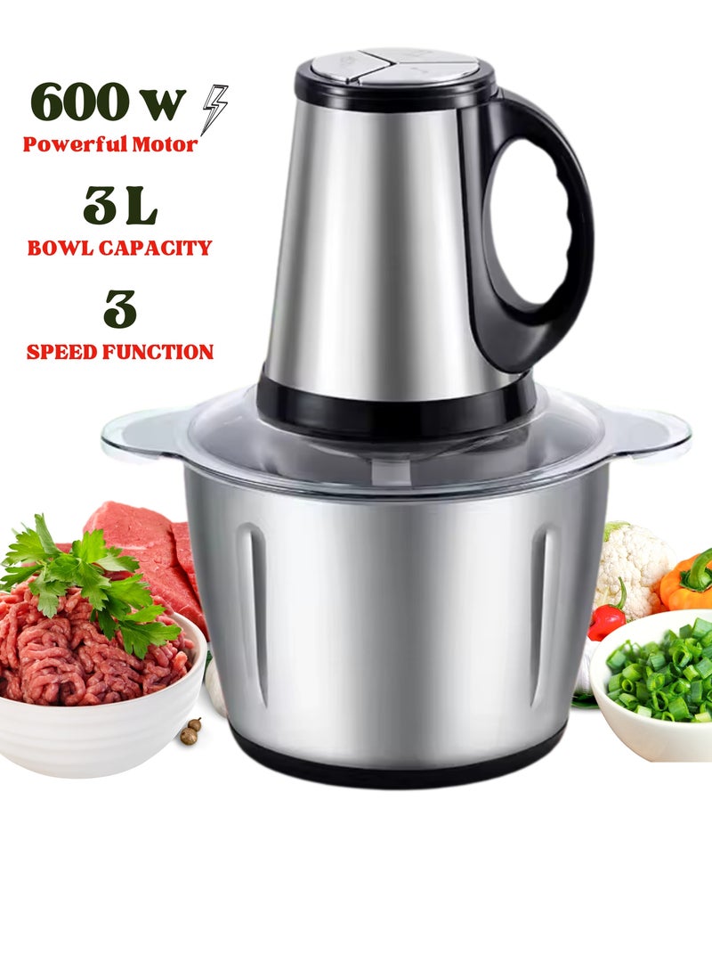 مفرمة وطاحونة اللحم الكهربائية 3 لتر 600 واط مع 3 سرعات متغيرة ووعاء من الفولاذ المقاوم للصدأ، معالج الطعام للحم الخضروات البصل الزنجبيل الثوم خلاط مفرمة للمنزل / المطاعم / المطبخ - Image 1