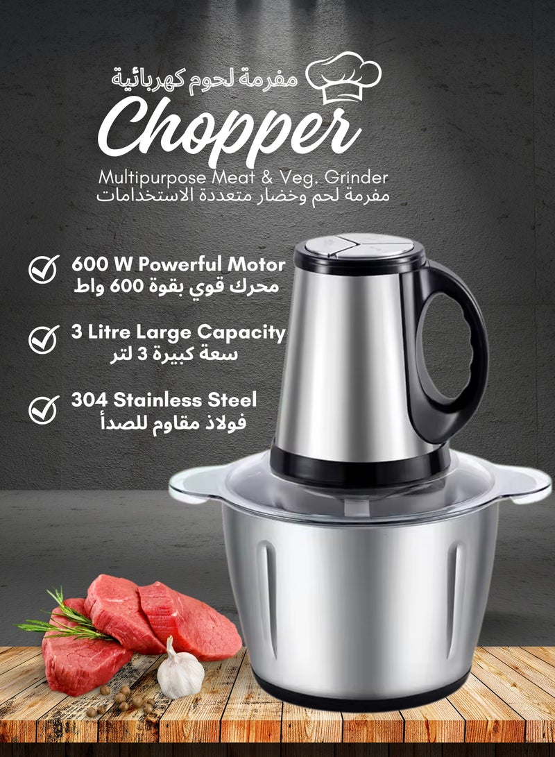 مفرمة وطاحونة اللحم الكهربائية 3 لتر 600 واط مع 3 سرعات متغيرة ووعاء من الفولاذ المقاوم للصدأ، معالج الطعام للحم الخضروات البصل الزنجبيل الثوم خلاط مفرمة للمنزل / المطاعم / المطبخ - Image 2