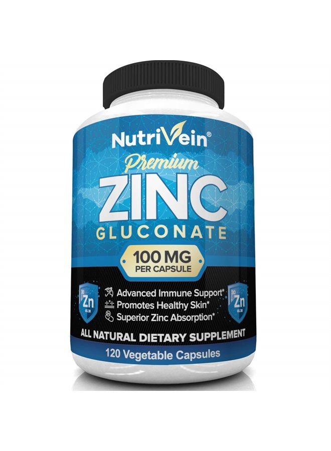 Nutrivein Premium Zinc Gluconate 100mg - 120 Capsules - Immunity Defense Boosts Immune System & Powerful Antioxidant - Promotes Healthy Skin and Acne Defense - Essential Elements for Absorption - Image 1
