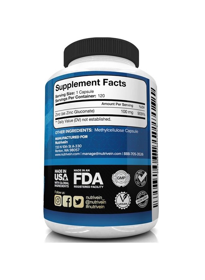 Nutrivein Premium Zinc Gluconate 100mg - 120 Capsules - Immunity Defense Boosts Immune System & Powerful Antioxidant - Promotes Healthy Skin and Acne Defense - Essential Elements for Absorption - Image 5