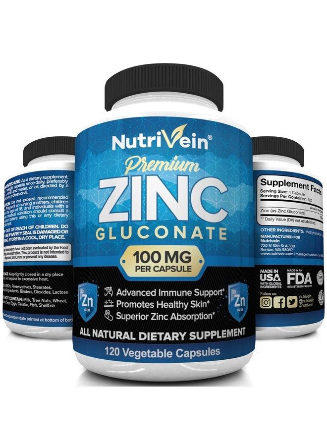 Nutrivein Premium Zinc Gluconate 100mg - 120 Capsules - Immunity Defense Boosts Immune System & Powerful Antioxidant - Promotes Healthy Skin and Acne Defense - Essential Elements for Absorption - Image 4