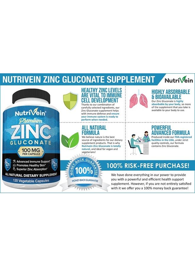 Nutrivein Premium Zinc Gluconate 100mg - 120 Capsules - Immunity Defense Boosts Immune System & Powerful Antioxidant - Promotes Healthy Skin and Acne Defense - Essential Elements for Absorption - Image 2