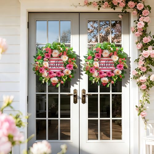 Soomeir Spring Summer Wreaths for Front Door Outside, 24 Inch Peony & Rose Floral Summer Wreath with Pink Peach Farmhouse Door Decor, Spring Wreaths for Front Door, Spring Door Wreath for Front Door Outside - Image 5