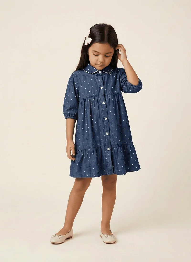 Nautinati Nautinati  Girls All-over Polka Dot Printed Regular Fit Denim Dress