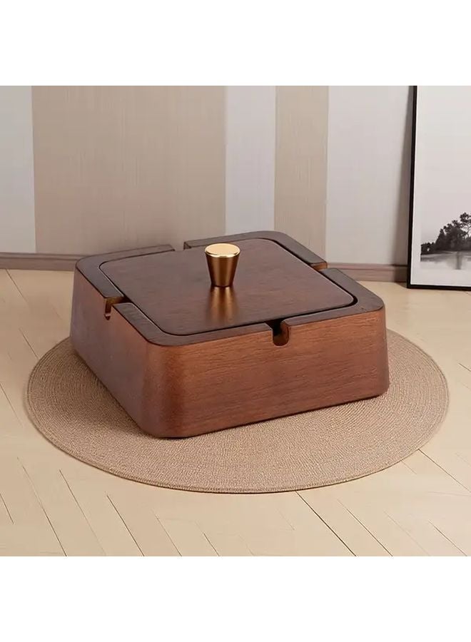 Square Wooden Box Ashtray With Golden Interior Cigar Holder For Home Office - Image 1