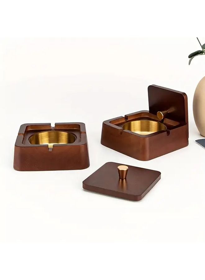 Square Wooden Box Ashtray With Golden Interior Cigar Holder For Home Office - Image 5