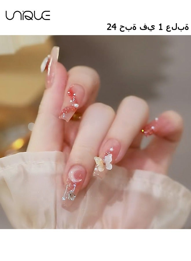 يونيك 24 قطعة أظافر مزيفة - مانيكير باليه متوسط الطول - قلب مانيكير دايموند ستار مون - مانيكير فراشة الخوخ أولونغ - رقعة أظافر مزيفة - Image 1