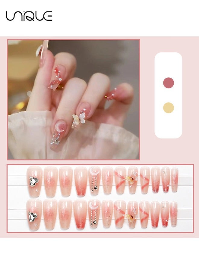 يونيك 24 قطعة أظافر مزيفة - مانيكير باليه متوسط الطول - قلب مانيكير دايموند ستار مون - مانيكير فراشة الخوخ أولونغ - رقعة أظافر مزيفة - Image 2