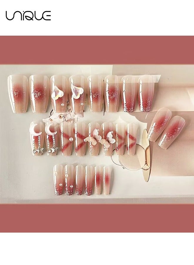يونيك 24 قطعة أظافر مزيفة - مانيكير باليه متوسط الطول - قلب مانيكير دايموند ستار مون - مانيكير فراشة الخوخ أولونغ - رقعة أظافر مزيفة - Image 4