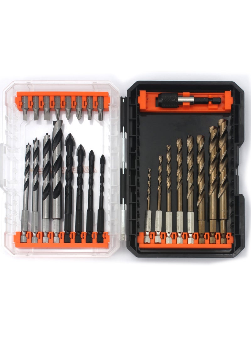 NINEROARS Professional HSS Cobalt Hex Shank Drill Bit 25 Pcs Set with Screwdriver Bits for Wood, Metal,Glass  Durable Case - Image 1