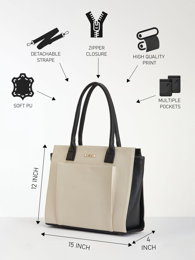 Fargo Amara Vegan Leather Tote Bag for Women | Laptop Compartment, RFID Pockets, YKK Zipper, Large Office Handbag | Shoulder Bag for College & Daily Use | Made in India (Ivory) - Image 4