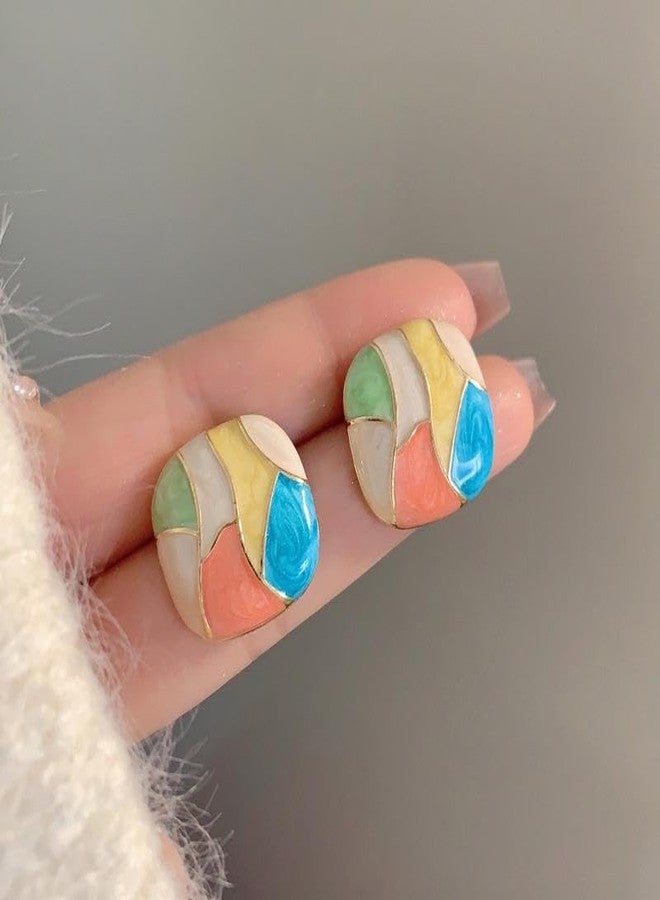 Inites Korean Style Multicolor Enamel Square Shape Earrings Stud For Womens And Girls | Trending Elegant Enamel Geometric Mosaic Square Stud Earrings Stylish Love Gifts Jewellery (1 Pair) - Image 3