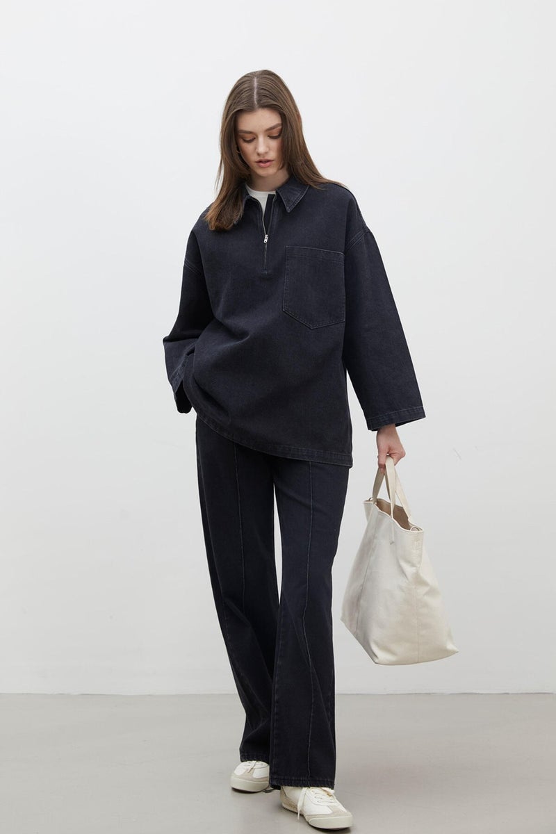 Manuka Shirt Collar Denim Blouse Black  - Image 3