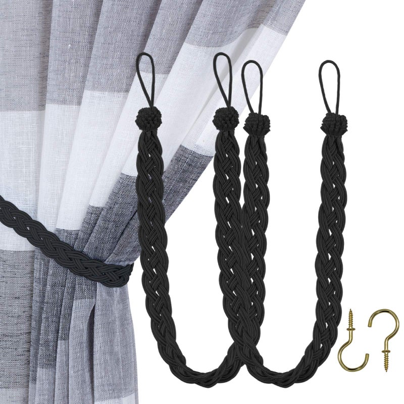 HOME QUEEN Home Queen Hand Braided Curtain Tie Back Buckle Holdback Drapery Curtain Tiebacks 2 Rope Belt Curtain Tie with 2 Metal Hooks Black 