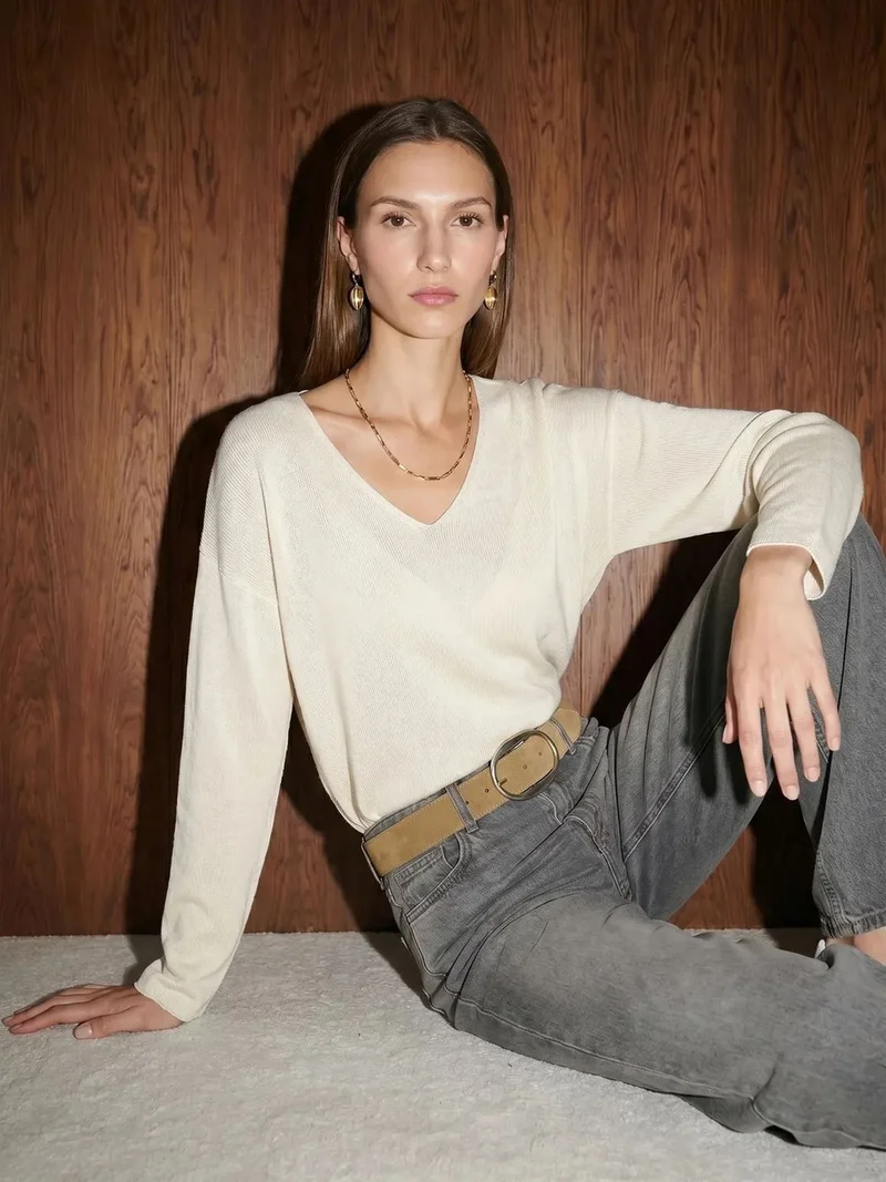 ديلفين DILVIN Women's V-neck Ribbed Knit Sweater