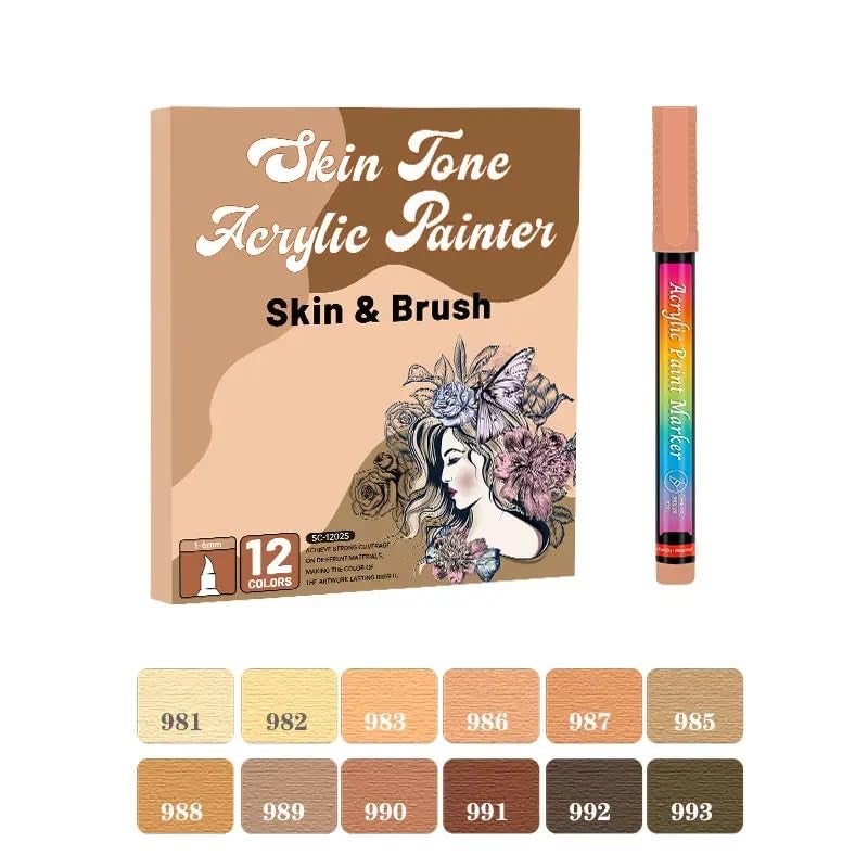 ARROLLIANT ARROLLIANT Skin Tone Acrylic Paint Markers 12 Colours Brush Tip Set Water Based Drawing Markers for Canvas Rock Wood Fabric Ceramic Mug Glass Scrapbook Custom DIY Craft School Art Supply  - Image 2