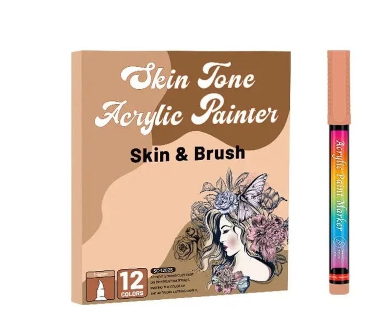ARROLLIANT ARROLLIANT Skin Tone Acrylic Paint Markers 12 Colours Brush Tip Set Water Based Drawing Markers for Canvas Rock Wood Fabric Ceramic Mug Glass Scrapbook Custom DIY Craft School Art Supply  - Image 1