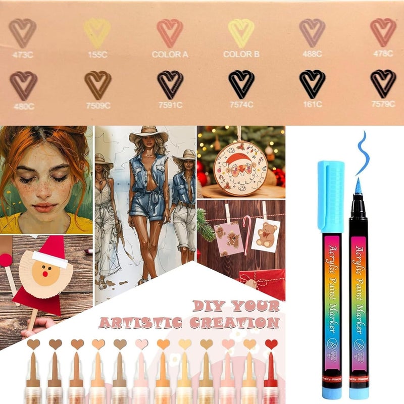 ARROLLIANT ARROLLIANT Skin Tone Acrylic Paint Markers 12 Colours Brush Tip Set Water Based Drawing Markers for Canvas Rock Wood Fabric Ceramic Mug Glass Scrapbook Custom DIY Craft School Art Supply  - Image 5