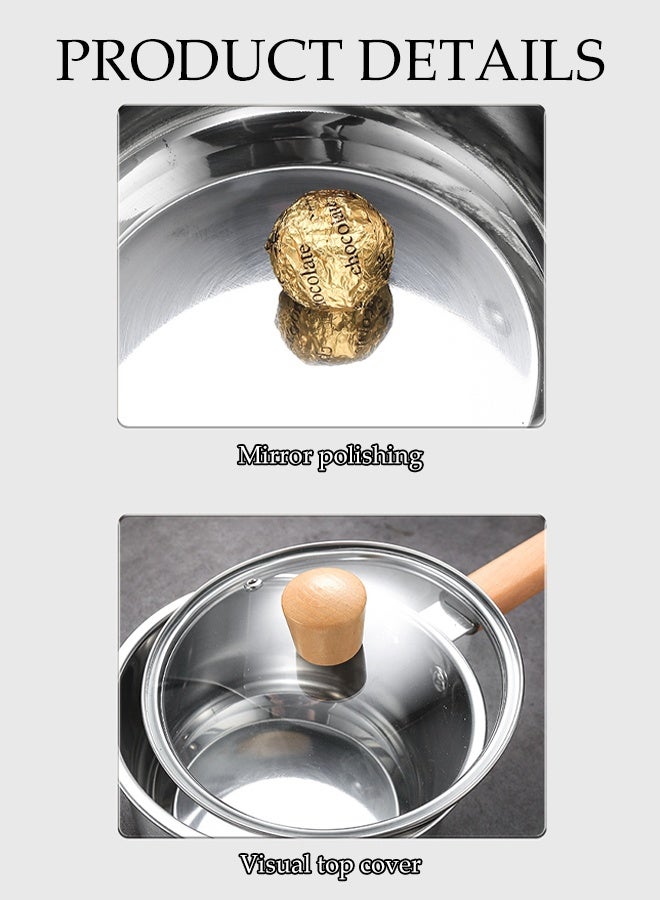 DUNISO وعاء حساء بمقبض خشبي مع غطاء زجاجي، وعاء صغير من الفولاذ المقاوم للصدأ للطهي، سهل التنظيف ومقاوم للصدأ، أدوات طهي لجميع المواقد، آمن في غسالة الصحون، 22 سم - Image 3