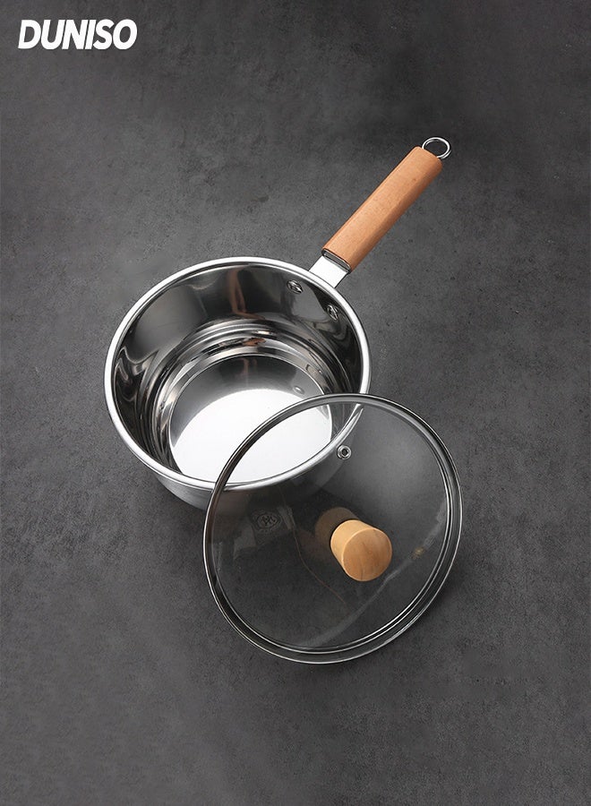 DUNISO وعاء حساء بمقبض خشبي مع غطاء زجاجي، وعاء صغير من الفولاذ المقاوم للصدأ للطهي، سهل التنظيف ومقاوم للصدأ، أدوات طهي لجميع المواقد، آمن في غسالة الصحون، 22 سم - Image 1