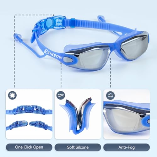 Rainbow Professional Swimming Goggles for Men & Women | Tinted Anti-Fog & UV Protected Swimming Glasses for Men & Women | Leak-Proof Goggle with Adjustable Straps & Nose Clip Blue – Pack of 1 - Image 3