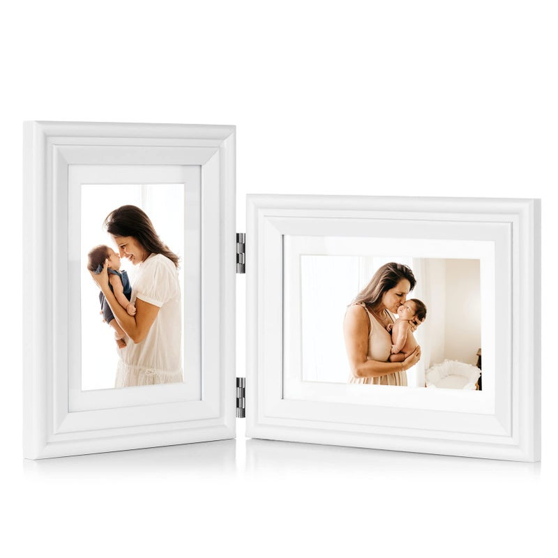 Tamolus 5X7 Double Wooden Hinged Picture Frame Vertical and Horizontal in White  Display 4x6 with Mat or 5x7 without Mat  Folding Photo Frame with Real Glass Front for Tabletop X2-BAI-SH57 - Image 1