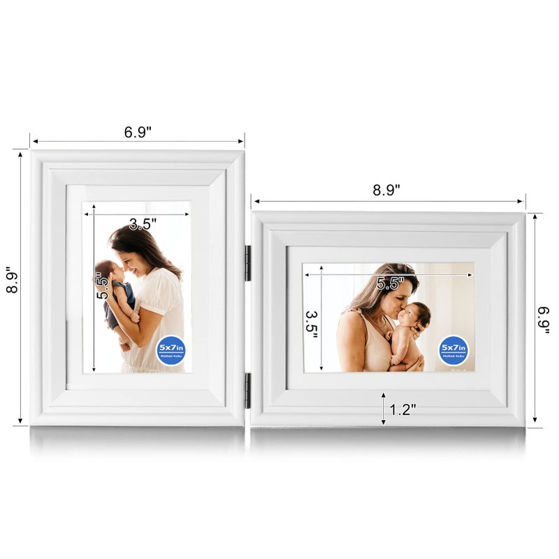 Tamolus 5X7 Double Wooden Hinged Picture Frame Vertical and Horizontal in White  Display 4x6 with Mat or 5x7 without Mat  Folding Photo Frame with Real Glass Front for Tabletop X2-BAI-SH57 - Image 2
