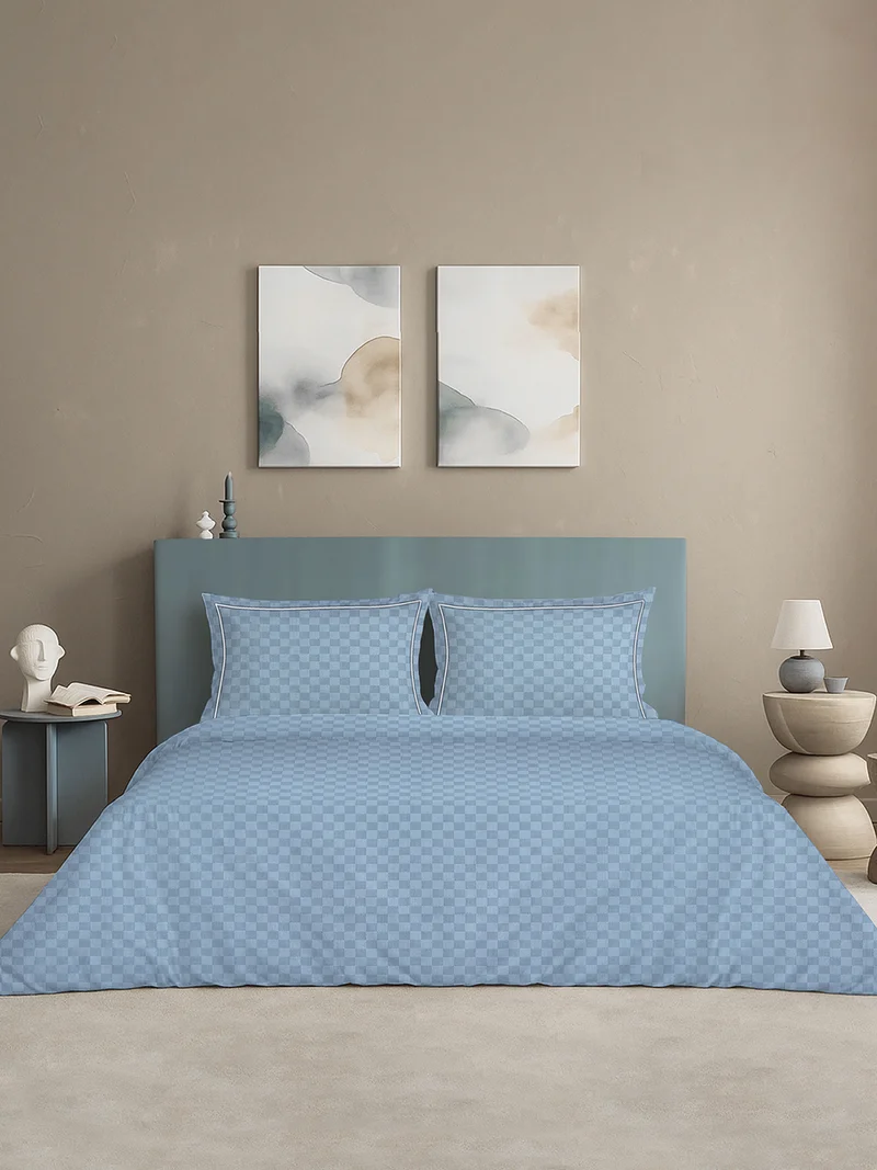 MULBERRY LIVING 100% Cotton Queen Duvet Cover - 300 TC Urban Grid (Checks). Width 240 x Length 220cms - Slate blue