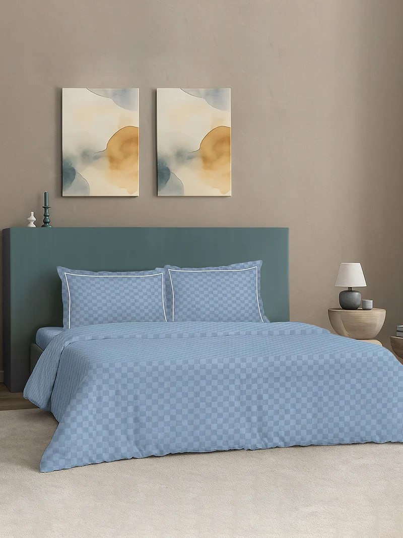 MULBERRY LIVING 100% Cotton Queen Duvet Cover - 300 TC Urban Grid (Checks). Width 240 x Length 220cms - Slate blue