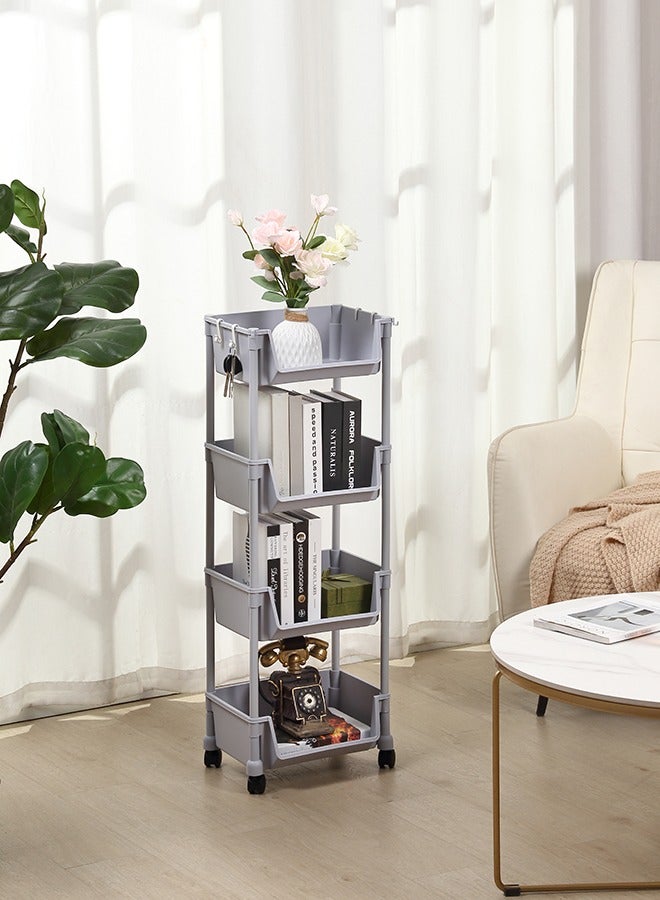 LAWAZIM Movable Bookshelf Storage - 4 Layer, Gray, 35x26.5x99cm - Easy to Assemble Rolling Cart with Lockable Wheels, Open-Front Bins, and Side Hooks - for Organizing Home, Office, Kitchen, Bathroom - Image 1