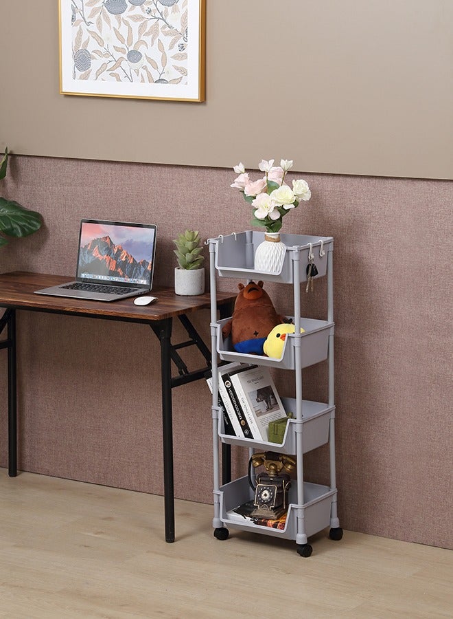 LAWAZIM Movable Bookshelf Storage - 4 Layer, Gray, 35x26.5x99cm - Easy to Assemble Rolling Cart with Lockable Wheels, Open-Front Bins, and Side Hooks - for Organizing Home, Office, Kitchen, Bathroom - Image 2