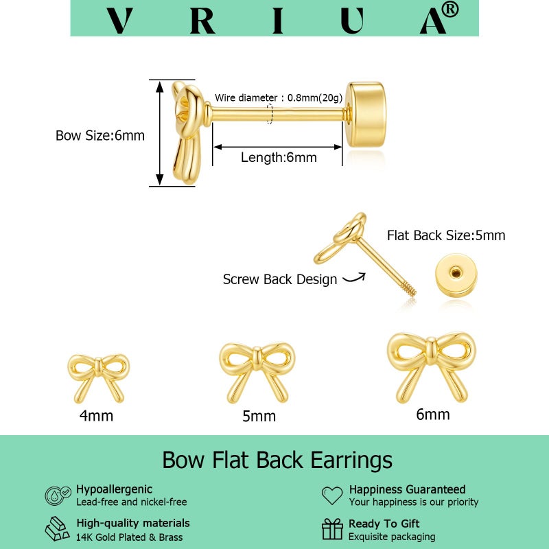 VRIUA Hypoallergenic Flat Back Earrings for Women - 14K Gold Plated Small Bow Flat Back Stud Earrings Cartilage Helix Piercing Jewelry - Image 4