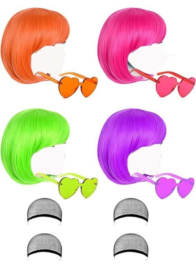KOWVOWZ Colored Wigs, Funky Colorful Wigs, Short Bob Hair Wigs, Neon Party Wigs, Cosplay Wigs with Rimless Heart Shape Sunglasses, One Size for All Women Kids & Adults Costume Night Club(4 Pack)  - Image 1